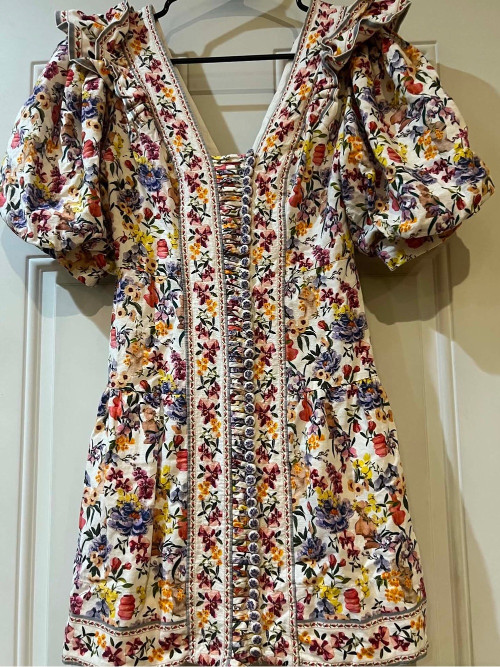 FARM Rio White Floral Puff-Sleeve Mini Dress